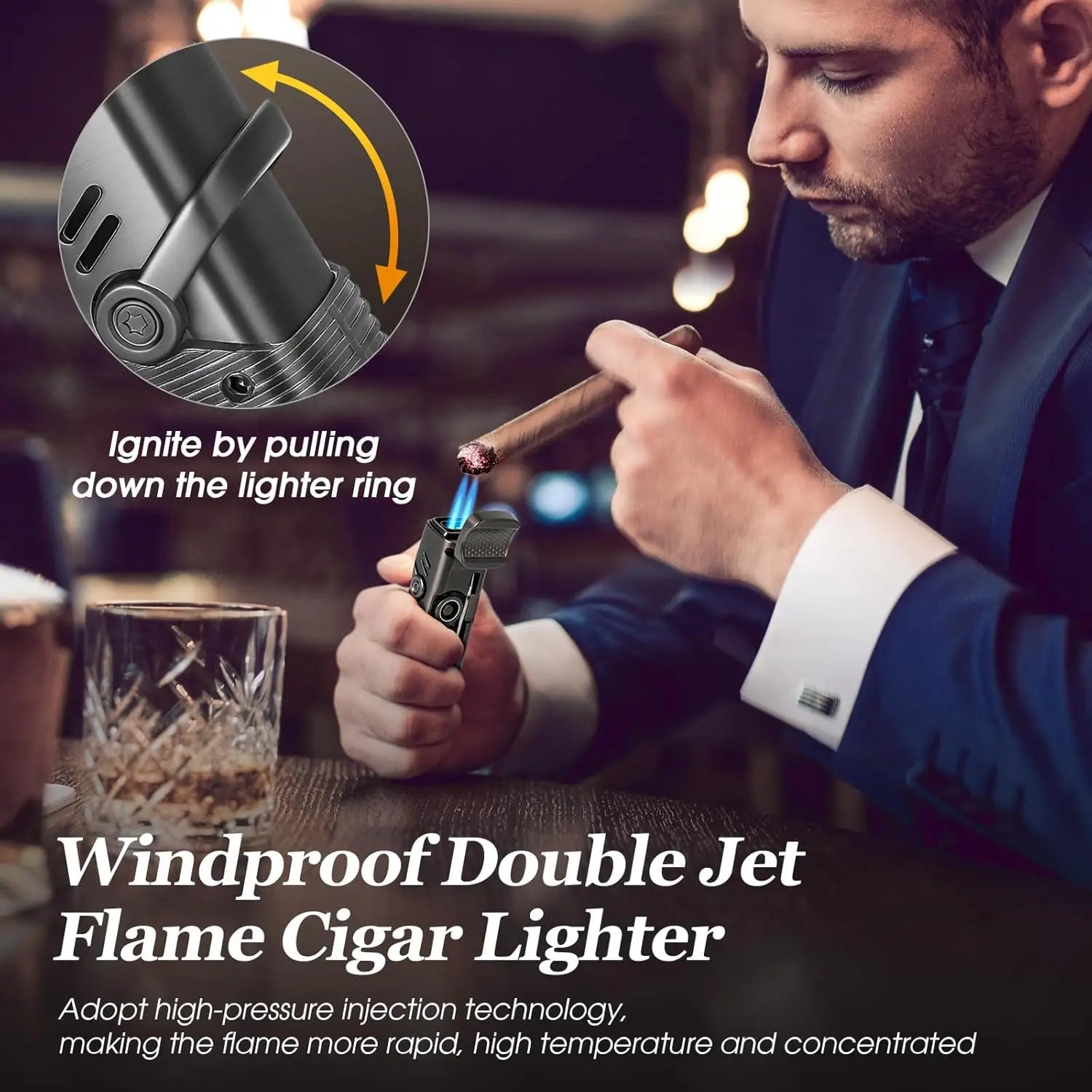 Cigar Lighter, Windproof Refillable Butane Lighter, Multifunction Cigar Accessories with Holder, Cigar Draw Enhancer and Punch