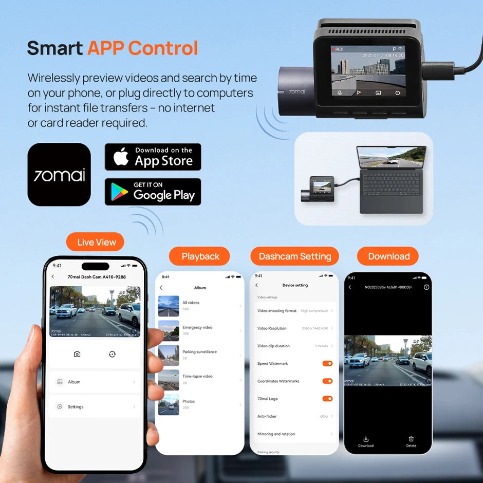 Dash Cam A410 2.5K 1440P Front + 1080P Rear Car DVR – HDR Night Vision, GPS, WiFi App, 24H Parking Monitor