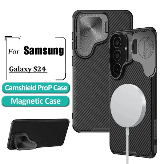 Cam Shield Pro Magnetic Phone Case For Samsung Galaxy S24 Case Camera Flip Bracket Hard PC + TPU Shockproof Back Cover