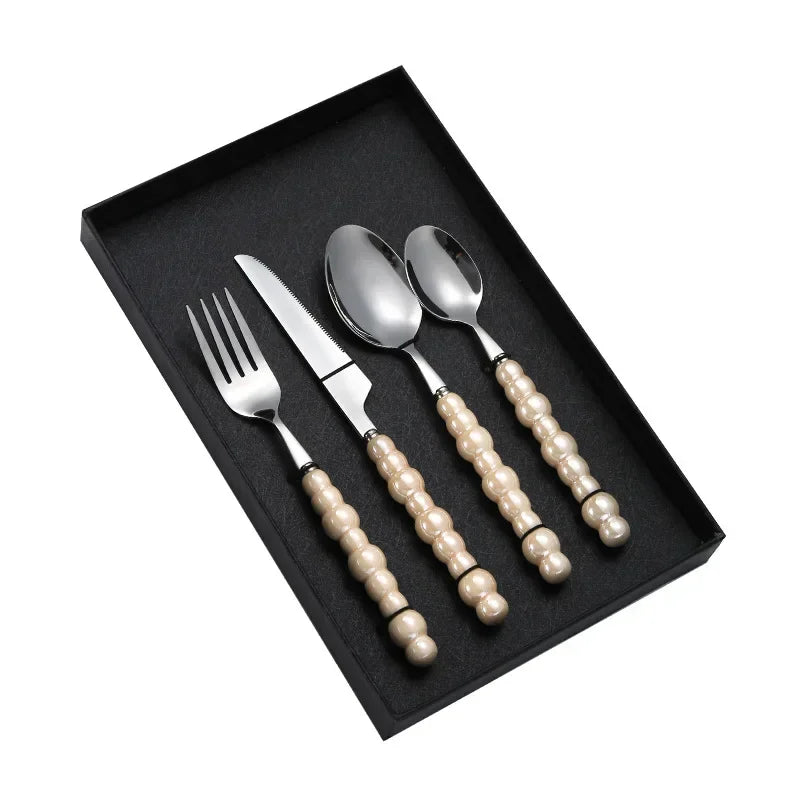 4Pcs Luxury Dinnerware Set Ceramic Pearl Handle Stainless Steel Spoon and Fork Set Western Silver Cutlery High-looking Tableware