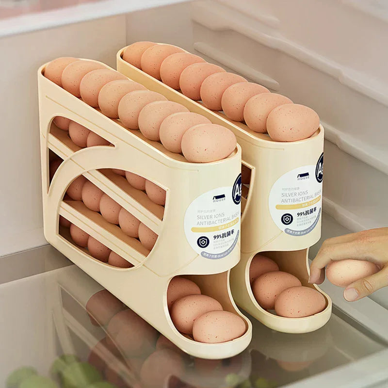 4-Layer Automatic Rolling Egg Holder Rack – Refrigerator Egg Storage Box Kitchen Organizer