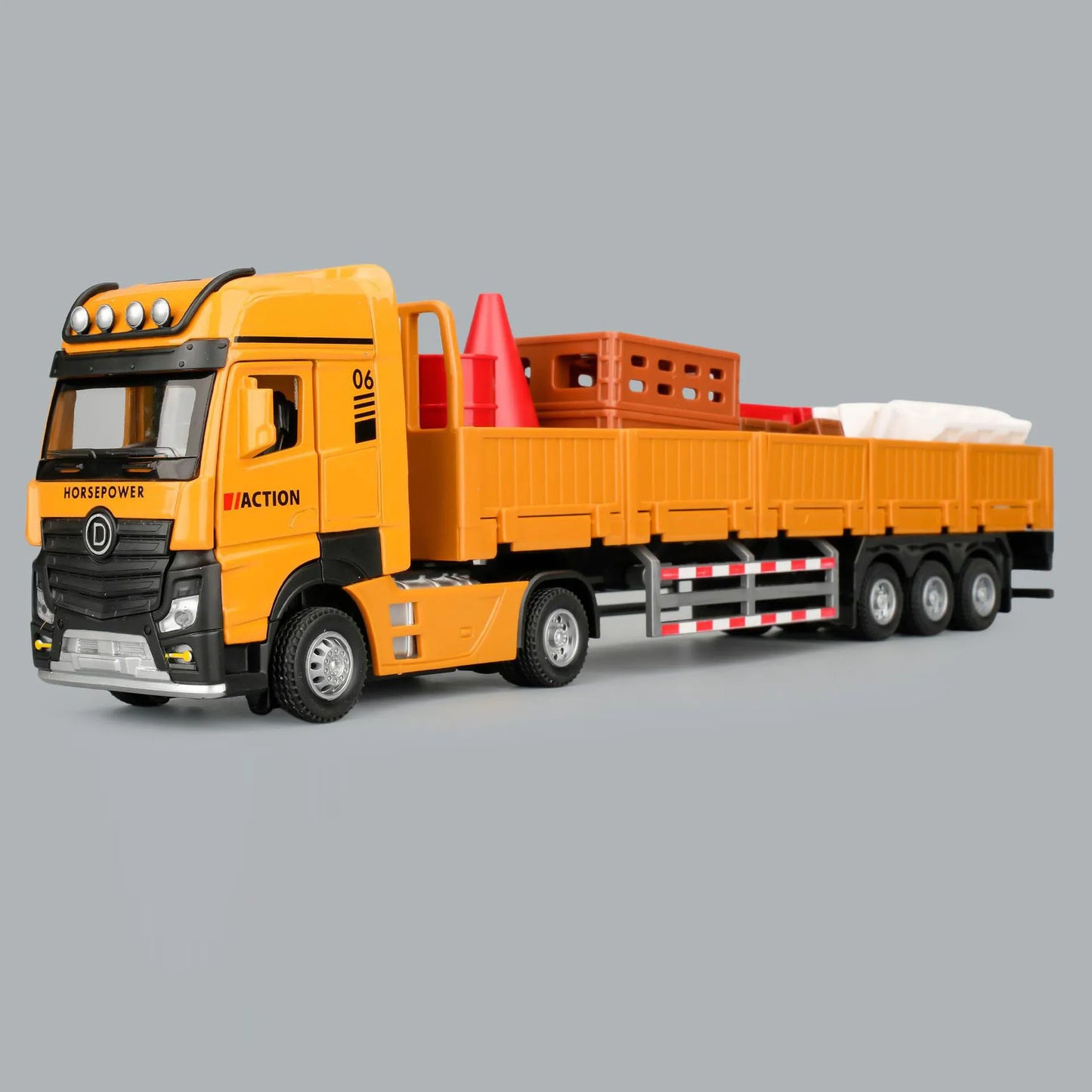 1:32 Roadblock Transport Truck Flatbed Trailer Model Toys Diecast Alloy Car Doors Opened Sound Light Pull Back Vehice Boy's Puzz