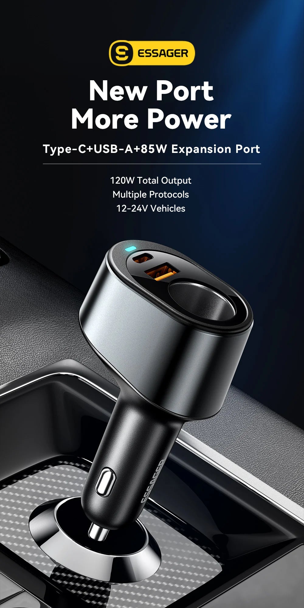120W USB C Car Charger Adapter with 85W Cigarette Lighter Socket PD Fast Charging 3 Port