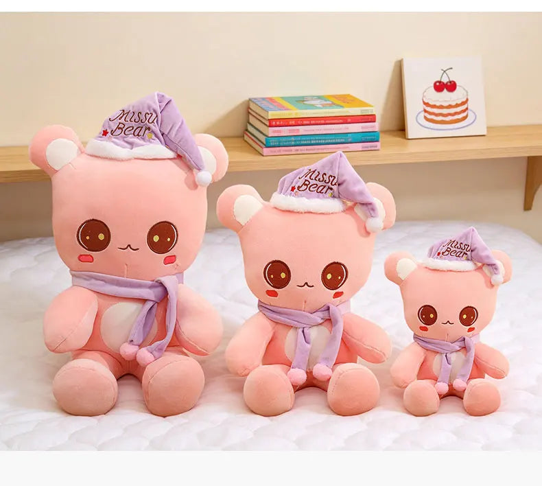 Cute Bear Plush Toy With Sleep Hat And Scarf Soft Pillow