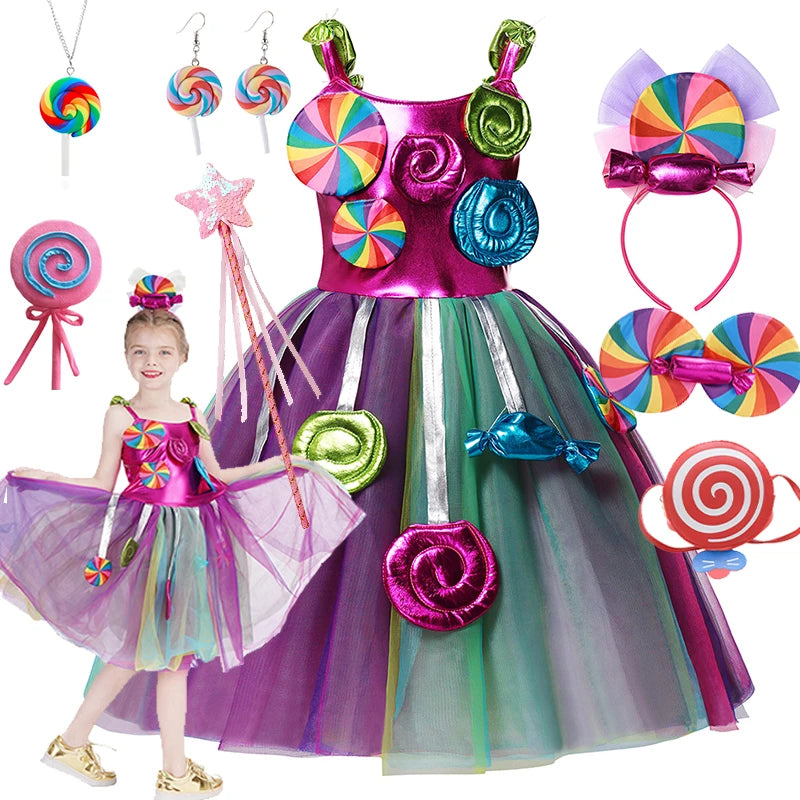 Purim Festival Lollipop Costume Girls Fairy Dress Fancy Carnival Birthday Fantasy Children Candy Rainbow Vestido Dress for Girls