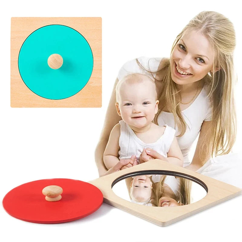 Montessori Mirror Puzzle Baby Busy Board Wooden Toys Mirror Peekaboo Knob Puzzle Shape Matching Game Toddlers Hand Grab Board