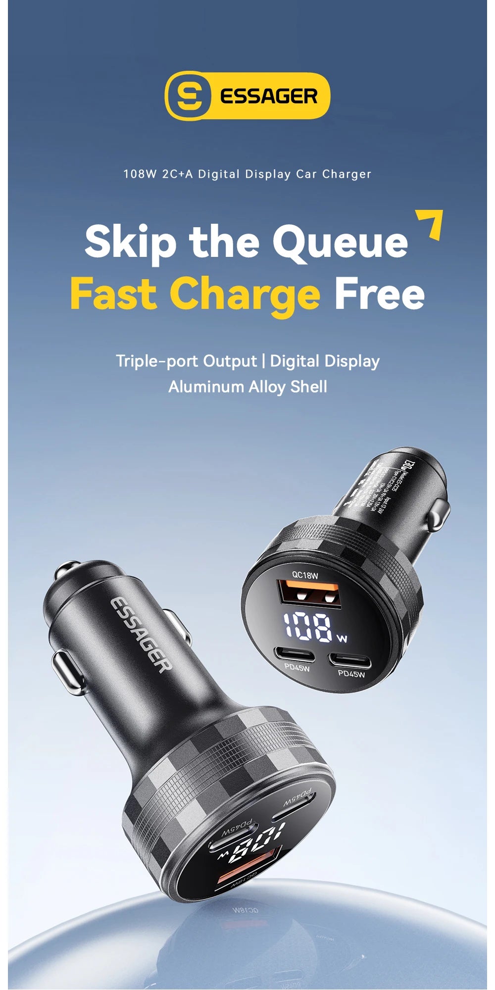 108W USB C Car Charger 3 Ports PD 3.0 Fast Charging Digital Display Dual Type C + USB Adapter