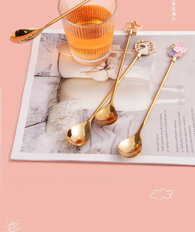 Colorful Cherry Spoons Long Handle Dessert Spoon 304 Stainless Steel Petal Teaspoons Catoon Blossom Star Fish Shape Home Decor