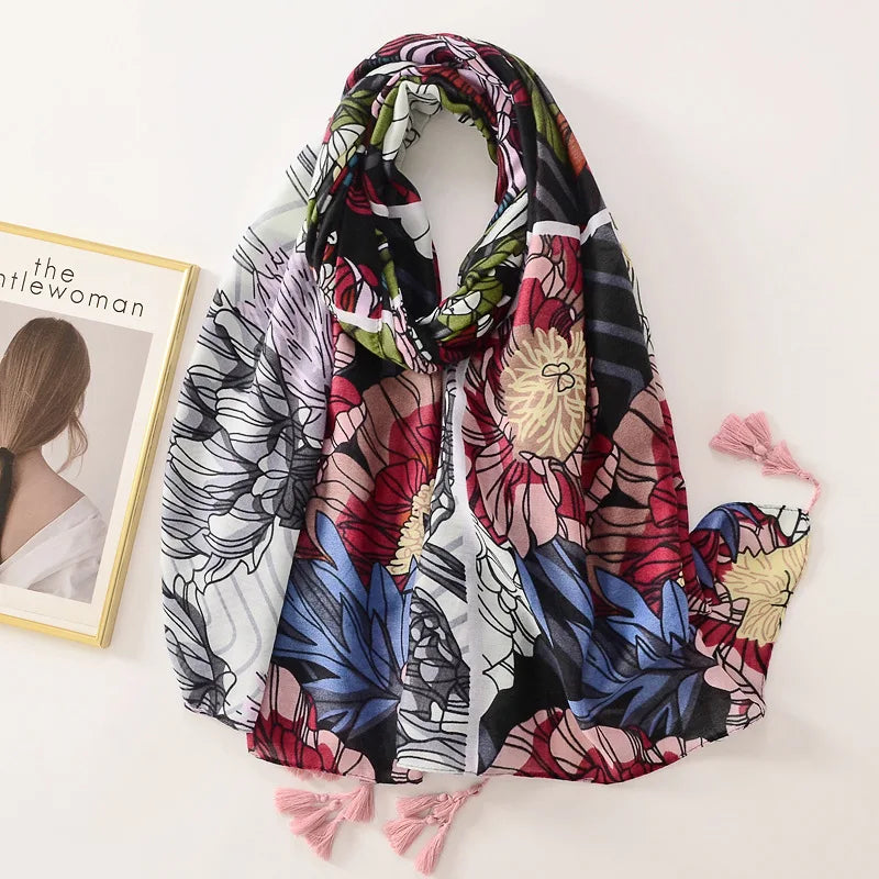 Beige Coffee Scarf Luxury Thin Women Scarves Spring Floral Hijab Veils Soft Cotton Shawl Wrap Tassel Viscose Muslim Woman Hijab