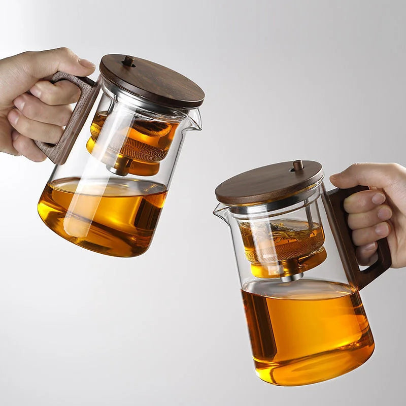 Water Separation Glass Teapot with One Click Tea Infuser and Wood Handle
