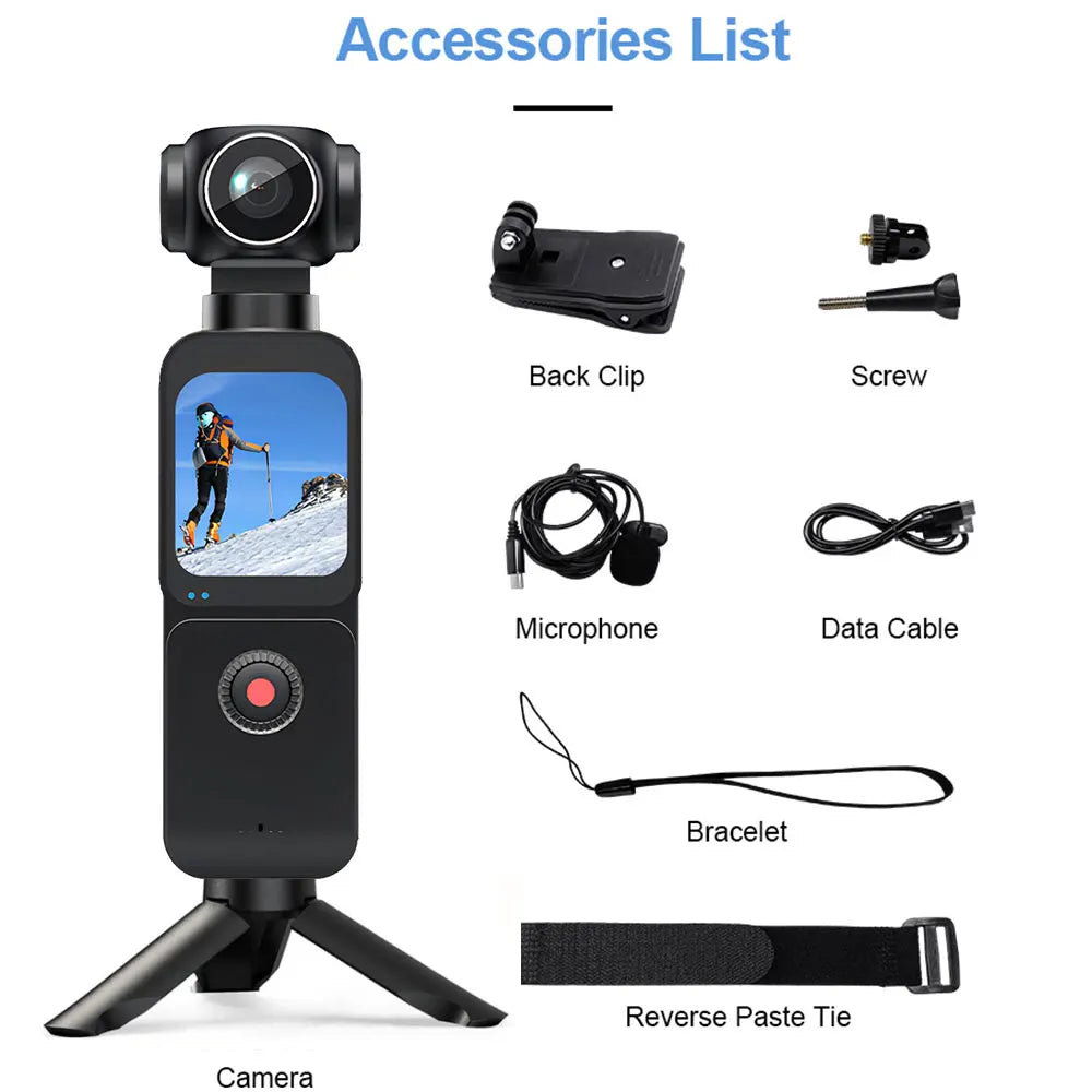 4K Pocket Action Camera 270° Auto Rotatable Stabilization Touch Screen Sports DV Bodycam 4X Zoom Portable Digital Video Recorder