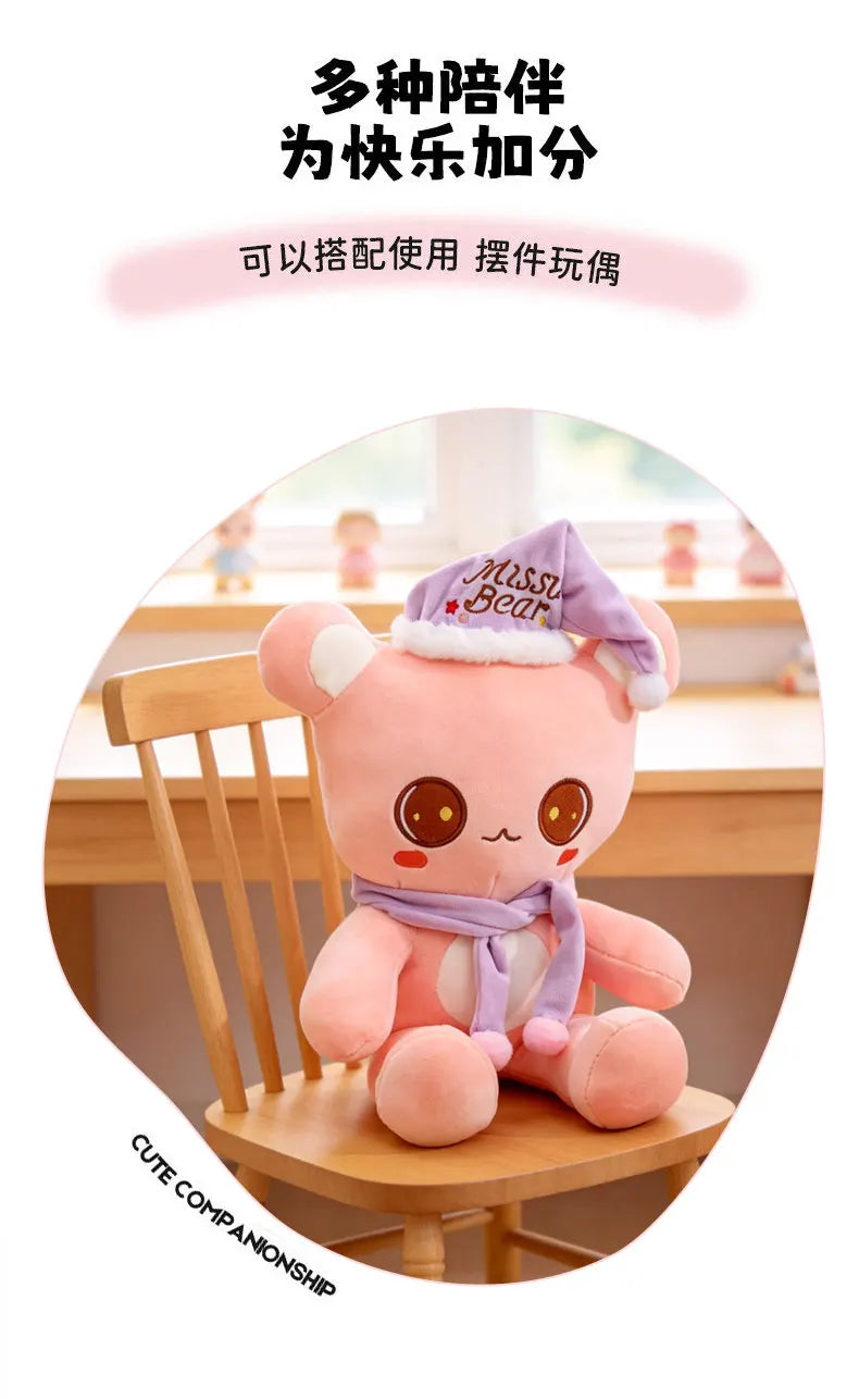 Cute Bear Plush Toy With Sleep Hat And Scarf Soft Pillow