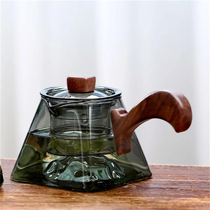 450ml Square Bottom Mountain Glass Teapot With Infuser Side Wooden Handle Tea Pot Puer Oolong Tea Maker Kungfu Tea Set