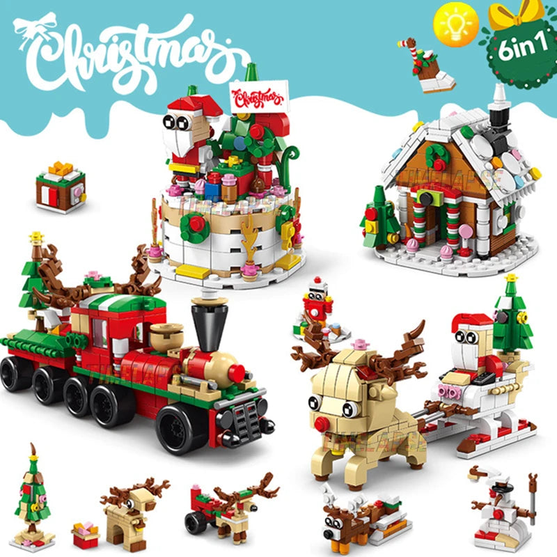 DIY 8in1 Lights Christmas Elk Deer Santa Claus Train Architecture Store Street View Xmas Tree Snow House Building Block Kit Toy