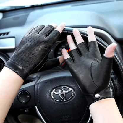 Mens Sheepskin Half Finger Gloves For Fitness Driving High Quality Genuine Leather Gloves Fingerless Brown Driver Sports Motorcy