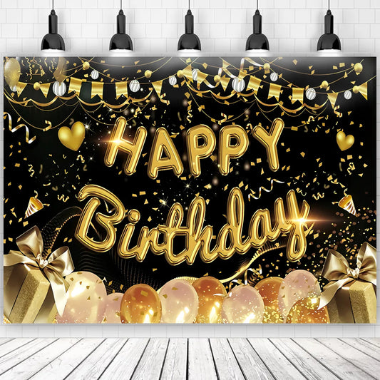 Gold Glitter Happy Birthday Party Backdrop For Photo Black  Happy Birthday Adult Theme Party Decoration Supplies DIY Backdrops