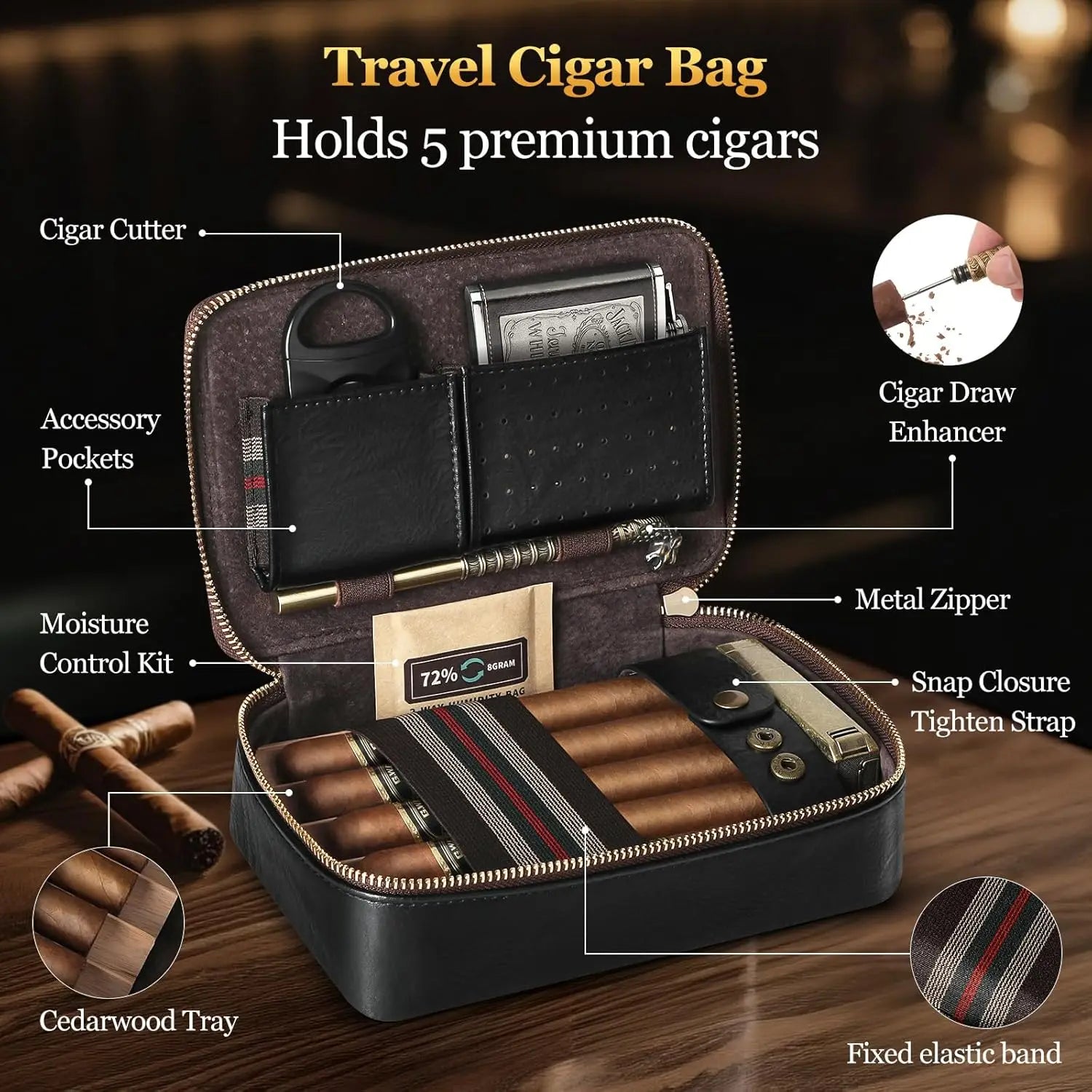 Cigar Humidor, Leather Travel Cigar Humidor, Include Cedar Wood Slot Tray, Cigar Draw Enhancer and Multifunction Cigar Cutter