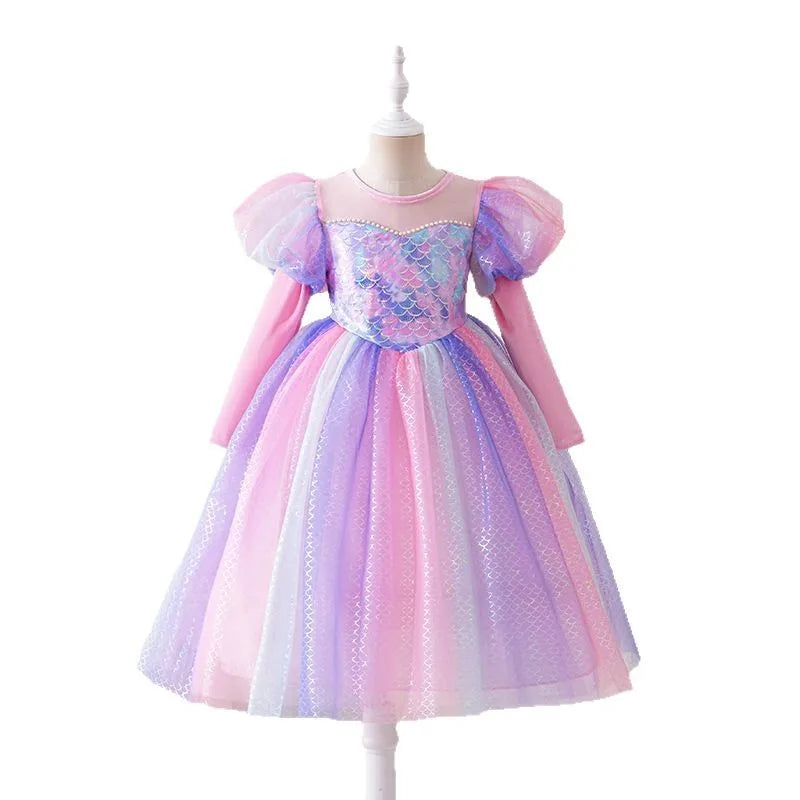 Mermaid Princess Dress - Long Sleeve Sparkling Gown  Girls Elegant Party Dress for Birthday & Stage