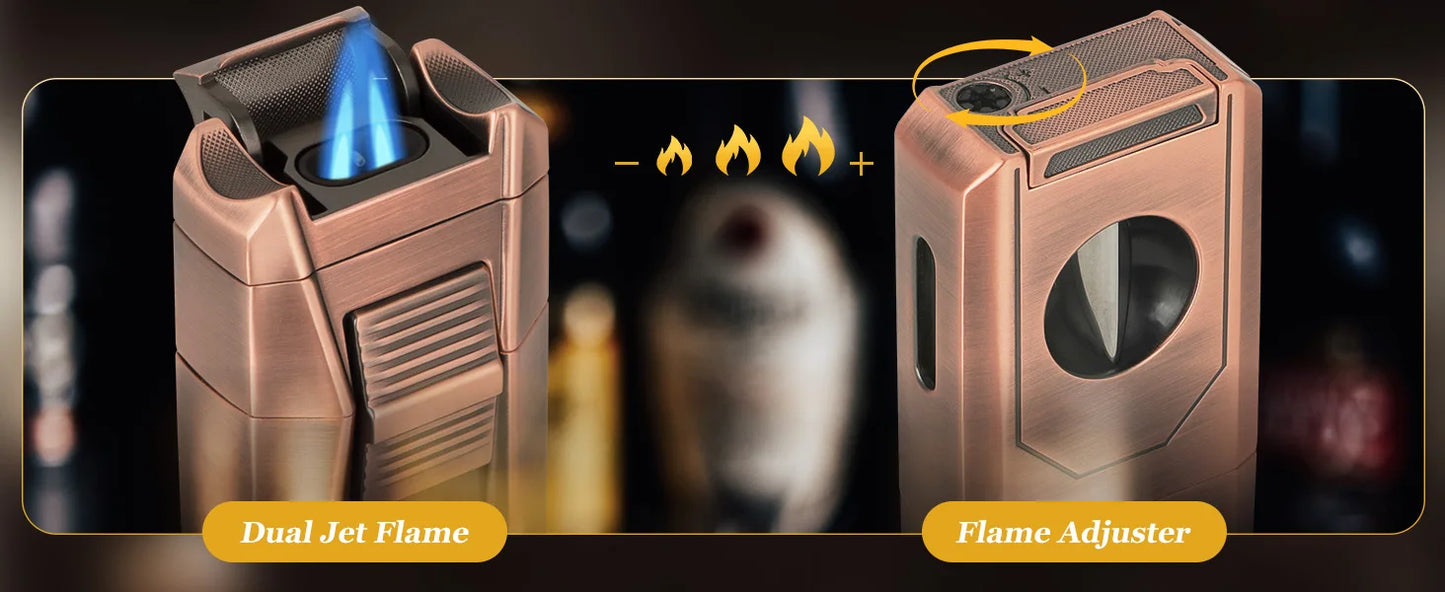 Cigar Lighter with Double Jet Flame, Refillable Cigar Torch Lighter with Cigar Holder, V-Cigar Cutter, Cigar Draw Enhancer