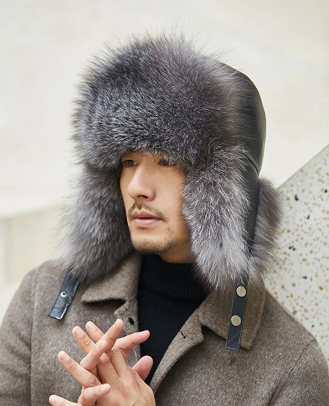 Fox Fur Cap Man Winter Genuine 100% Fur Bomber Hat Windproof Warm Earmuffs Male Flat Grey/Black Russian Hat Fitted Casquette