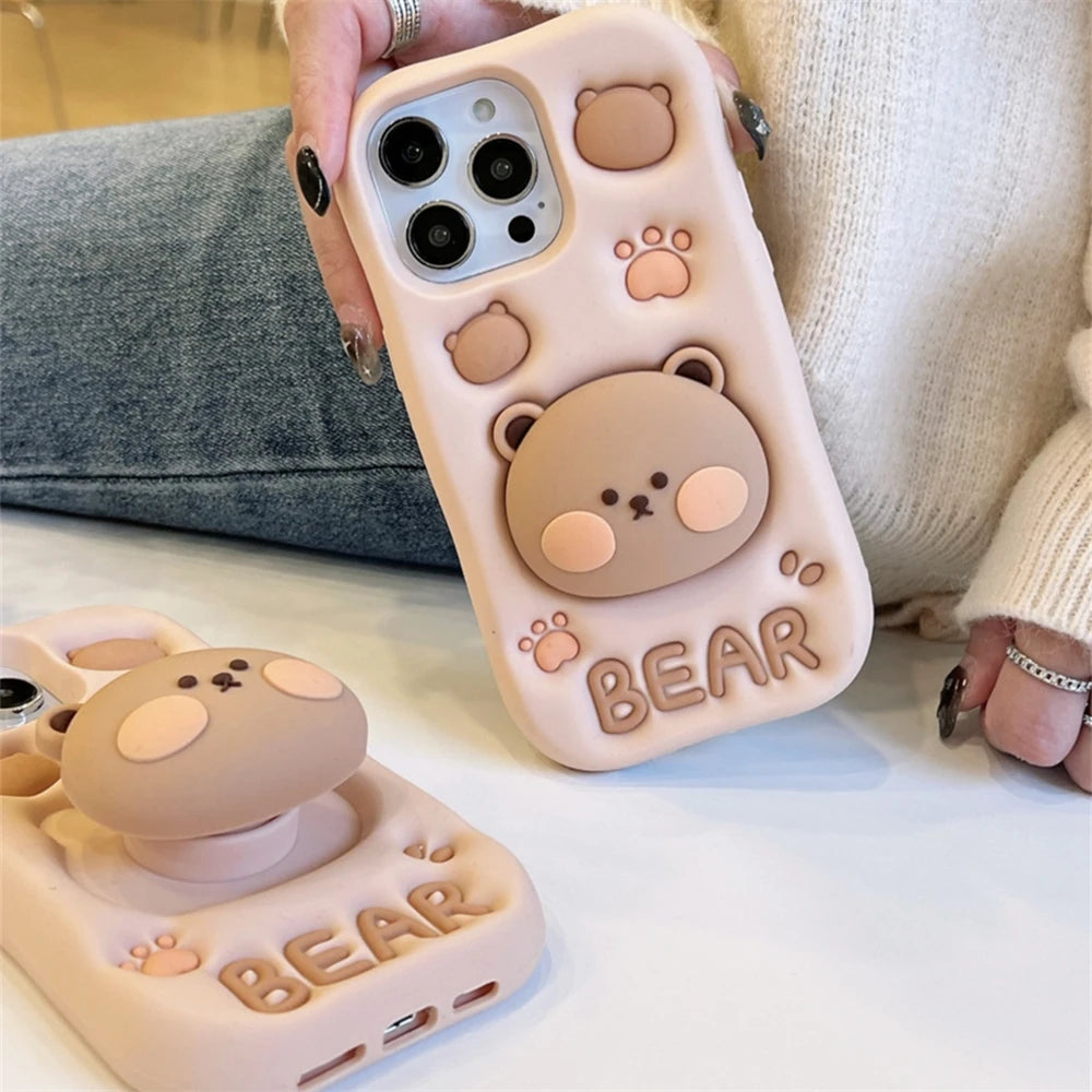 Cute 3D Cartoon Bear Paw Holder Grip Phone Case For iPhone 15 14 13 Pro Max Lovely Silicone Soft Cover Camera Protection