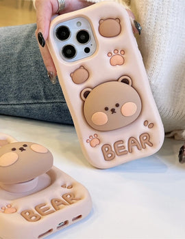 Cute 3D Cartoon Bear Paw Holder Grip Phone Case For iPhone 15 14 13 Pro Max Lovely Silicone Soft Cover Camera Protection