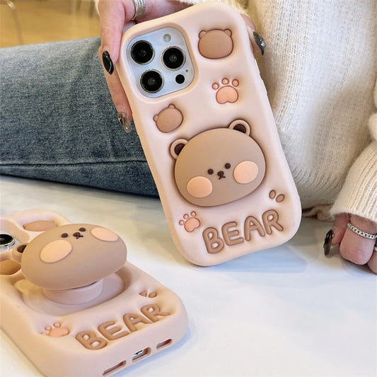 Cute 3D Cartoon Bear Paw Holder Grip Phone Case For iPhone 15 14 13 Pro Max Lovely Silicone Soft Cover Camera Protection