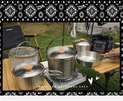 A Style Outdoor Stainless Steel 5pcs Camping Tourism Family 5L Portable Picnic Soup Frying Steaming Household