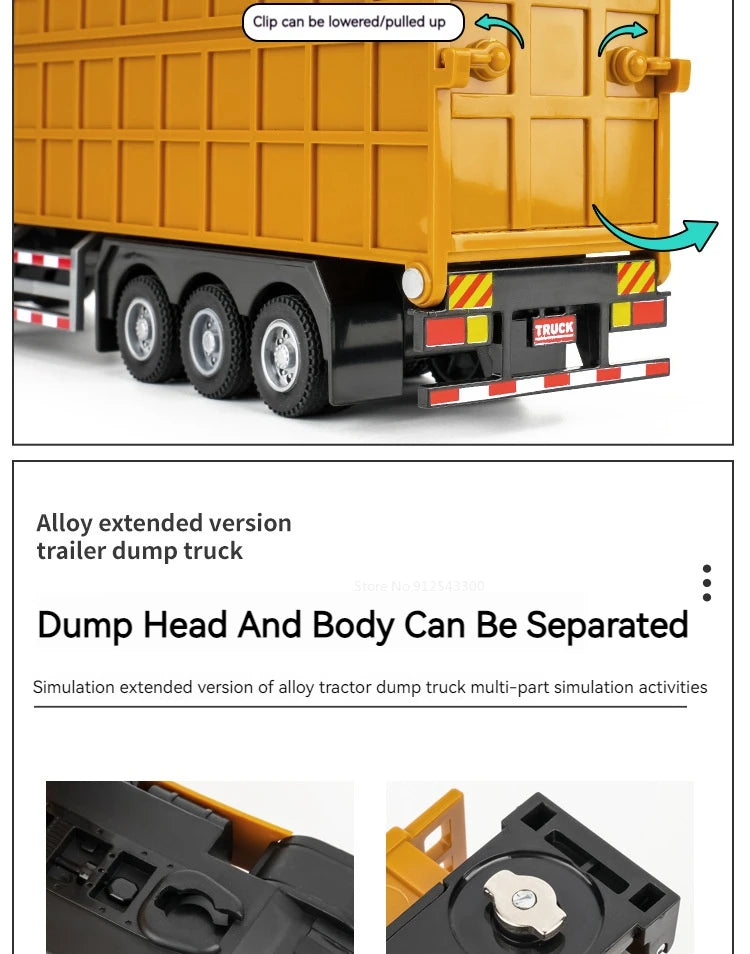 1/50 Extended Dump Truck Model Toy Metal Diecasting Doors Opened Sound Light Pull Back Vehicle Models Ornaments 's Gifts
