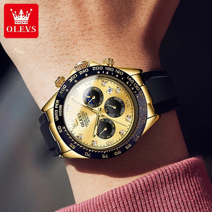 Watch Gold Watch Silicone Luminous Waterproof Luxury Multifunction Analog Chronograph Moon Phase Men Quartz Watch