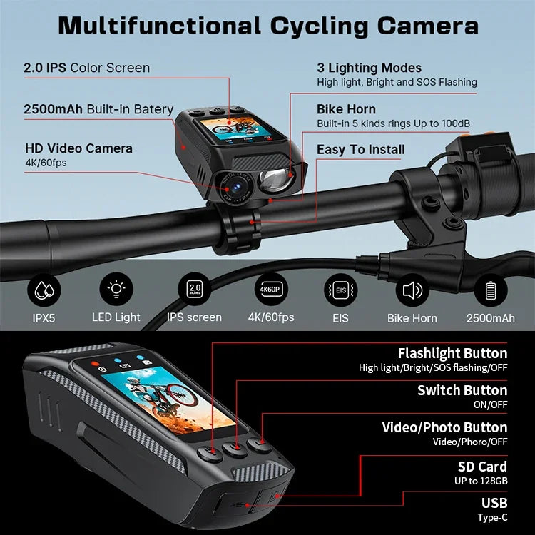 4K 60FPS Action Camera with 6 Axis EIS 2 Inch IPS Screen and 5 Hour Recording