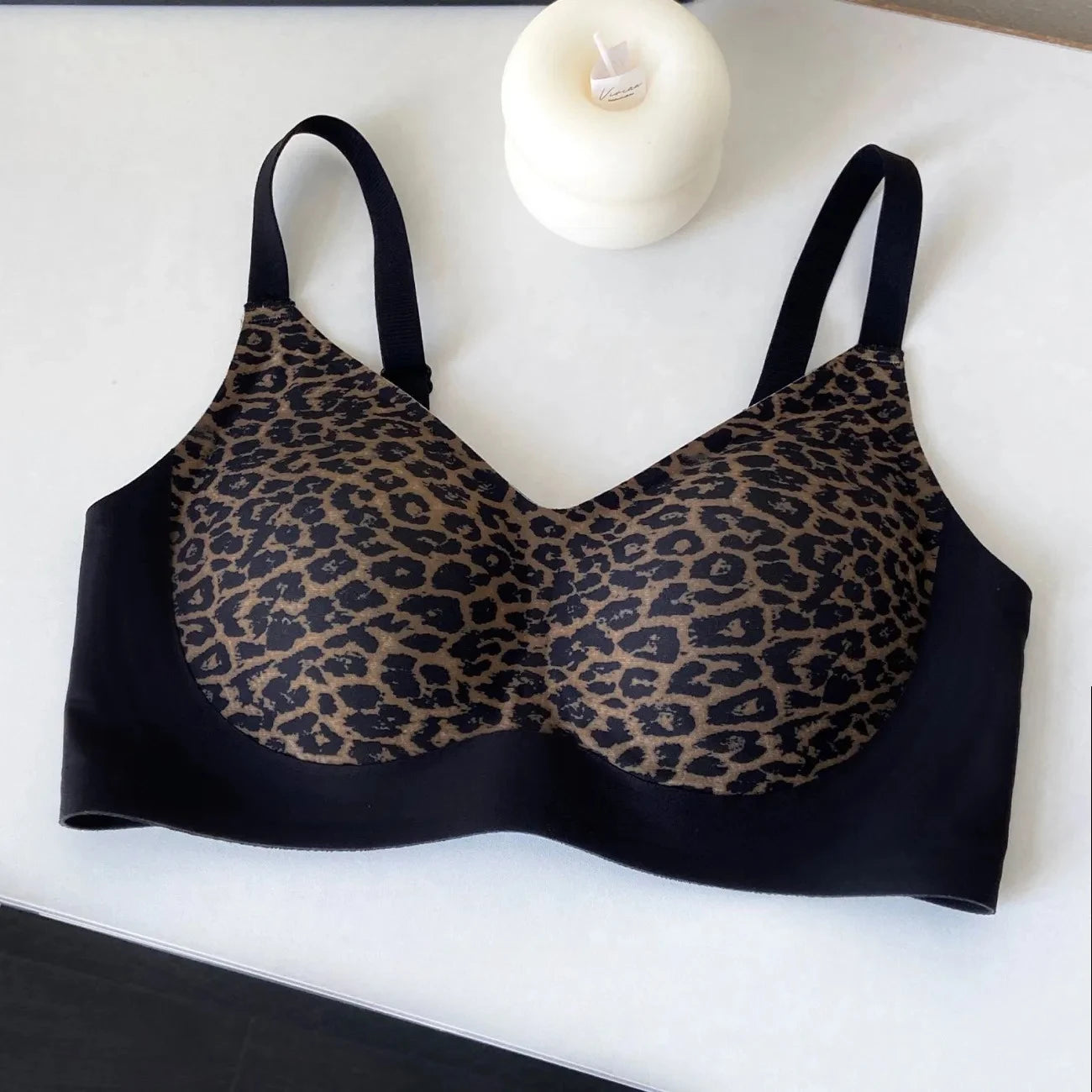 Womens Leopard Print Seamless Wireless Push Up Bra