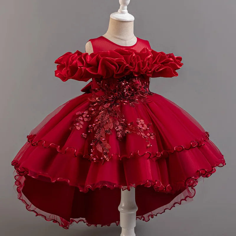 Luxury Off-Shoulder Gown with Train for Girls  Tulle Dress for Fashion Walk Show & Pageants