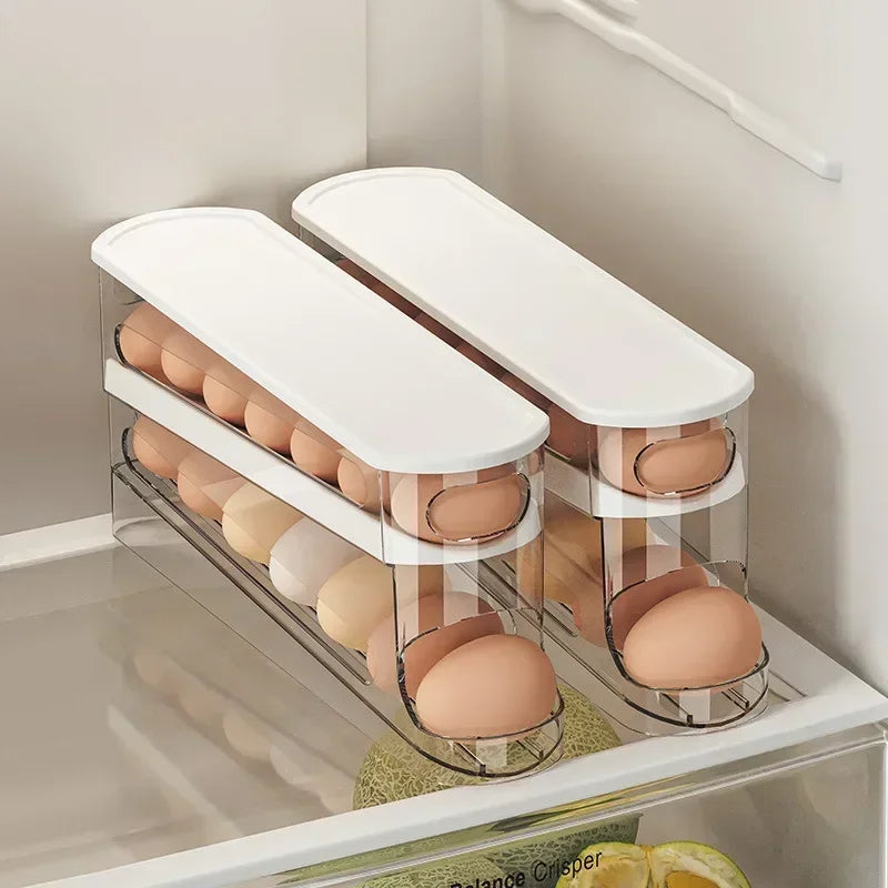 Bilayer Ladder-Style Egg Storage Box – Automatic Rolling Refrigerator Egg Holder & Organizer Rack