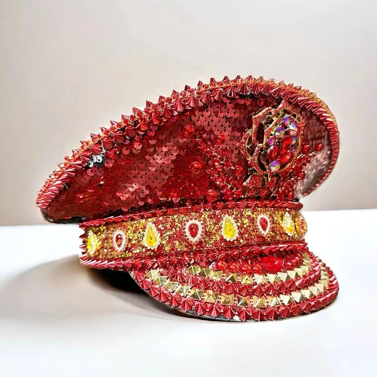 Red Rose Bling Captain Hat Rhinestone for Woman Steampunk Military Cap for Men Burning Man Music Festivals Accessories
