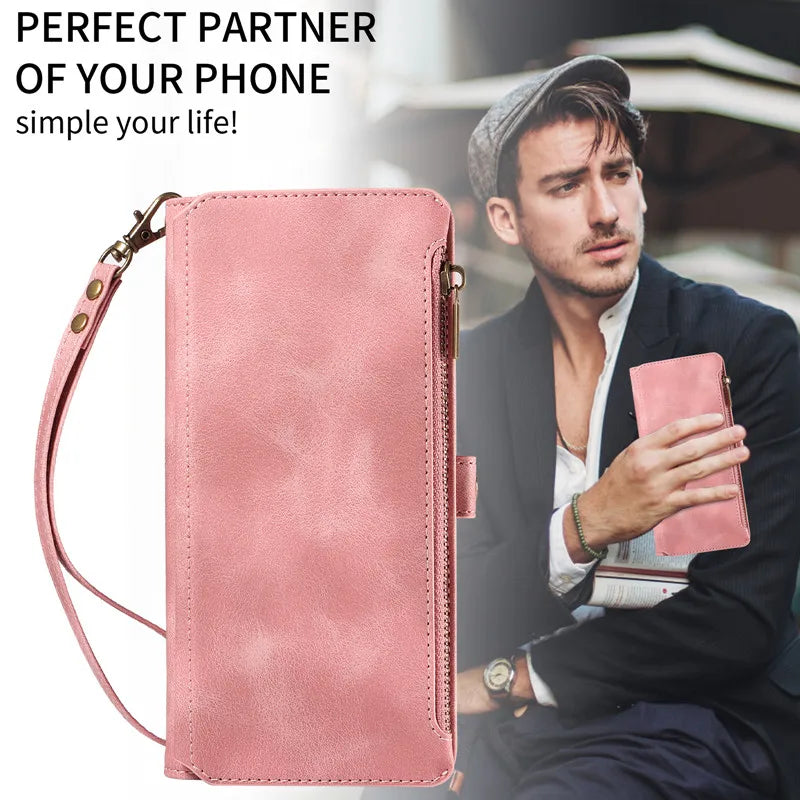 Luxury Leather Flip Wallet Case with Lanyard for Samsung Galaxy S26 / S25 / S24 / S23 Ultra & Plus – Magnetic Full Coverage Phone Bag Cover