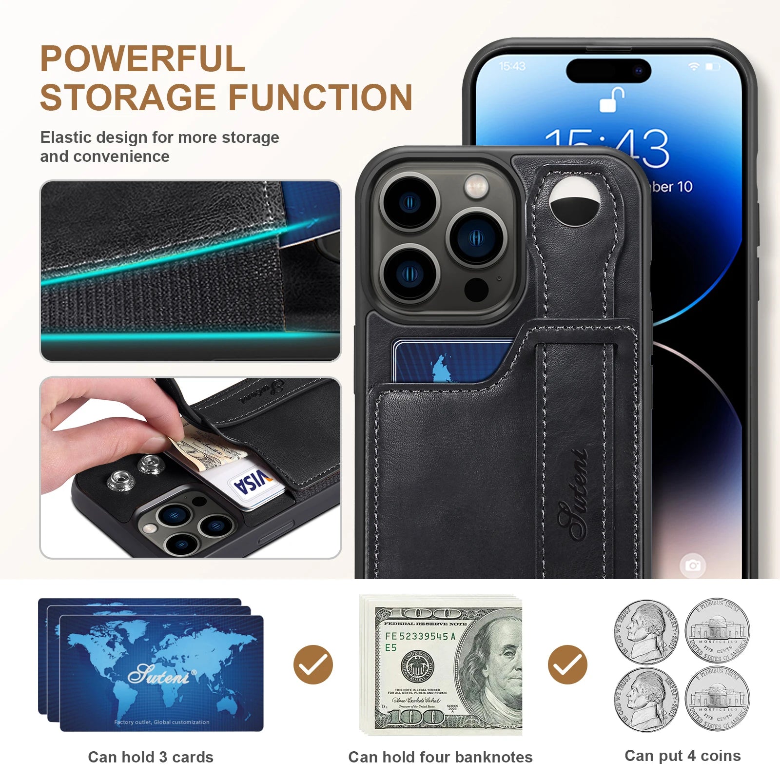 Luxury Leather Phone Case for iPhone 15 Pro Max 14 Plus 15Pro with Card Slot & Wrist Strap Holder Back Cover