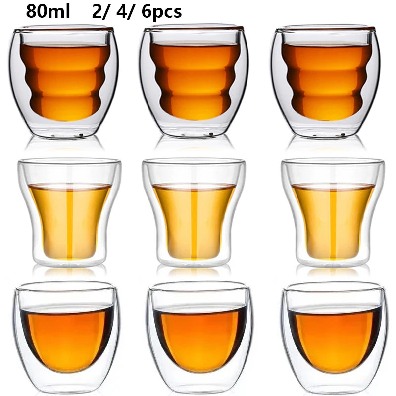 2/4/6pcs Screw Thread Espresso Cups Set Double Wall Glass Coffee Mugs Set 80ml Shot Glass Insulated Teacup Coffee Accessories