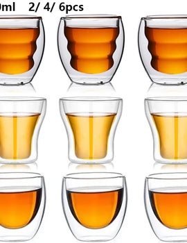 2/4/6pcs Screw Thread Espresso Cups Set Double Wall Glass Coffee Mugs Set 80ml Shot Glass Insulated Teacup Coffee Accessories
