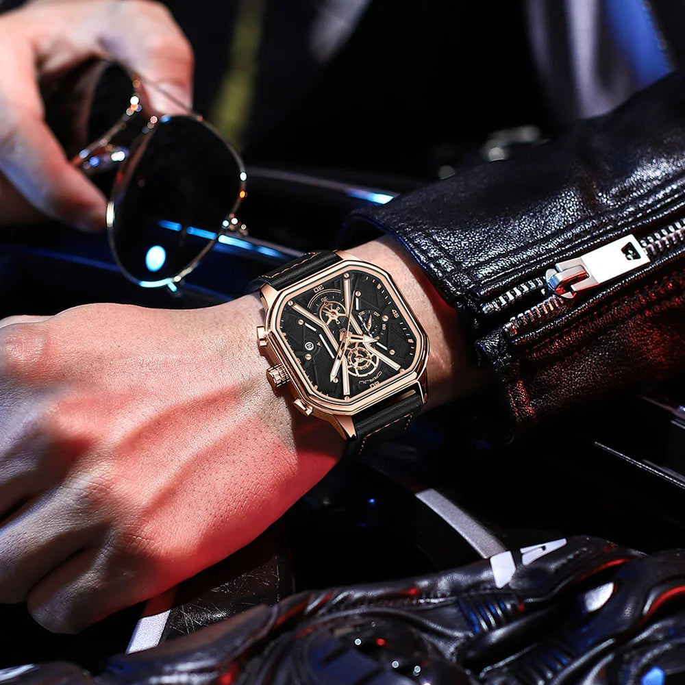 Mens Watches Top Luxury Brand Waterproof Sport Wrist Watch Chronograph Quartz Military Genuine Leather Relogio Masculino