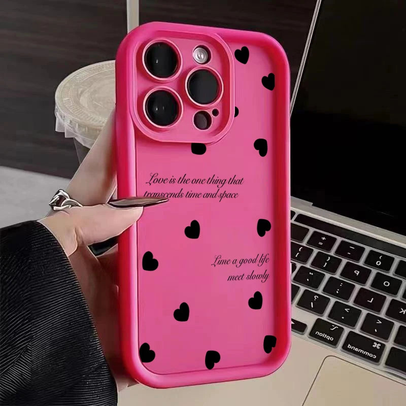 Black Love Heart Soft Matte Phone Case For iPhone 17 Air 14 Pro 16E Plus Cover For iPhone 15 16 17 Pro Max Cases