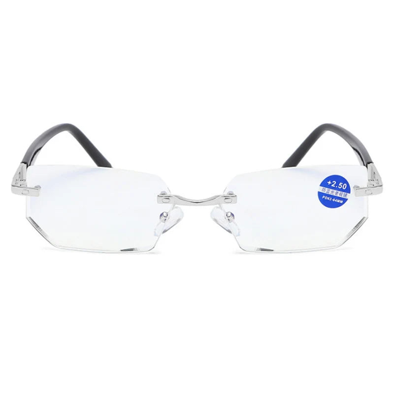 Rimless Diamond Cut Reading Glasses with Silver Alloy Frame