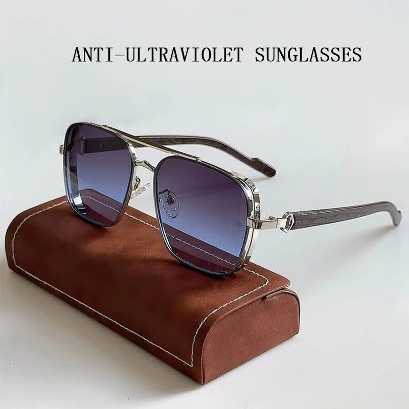 Vintage Square Wooden Frame Sunglasses With UV400 Protection