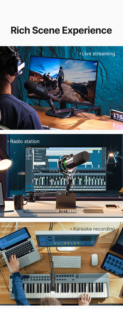 Low Profile Microphone Arm with Cable Channels Desk Clamp 360° Rotatable Foldable for Streaming Recording