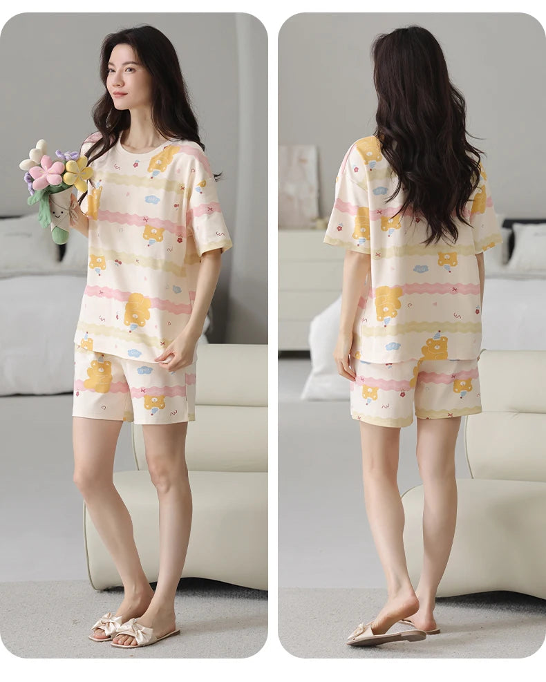 2-Pcs Women’s Cotton Pajama Set – Breathable Short Sleeve Summer Sleepwear with Cute Prints
