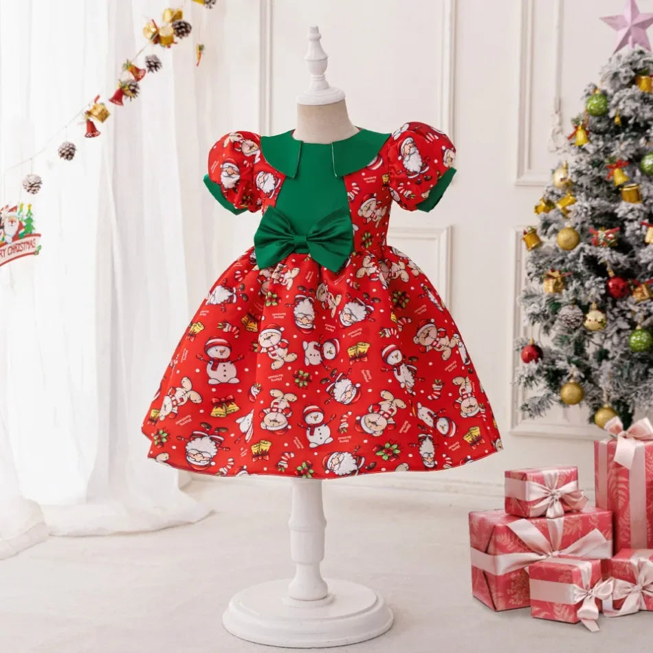 Girls Elegant Dresses Santa Claus Snowflake Print Child Christmas Costume Red Green Kids Princess Dress Party Evening Clothing