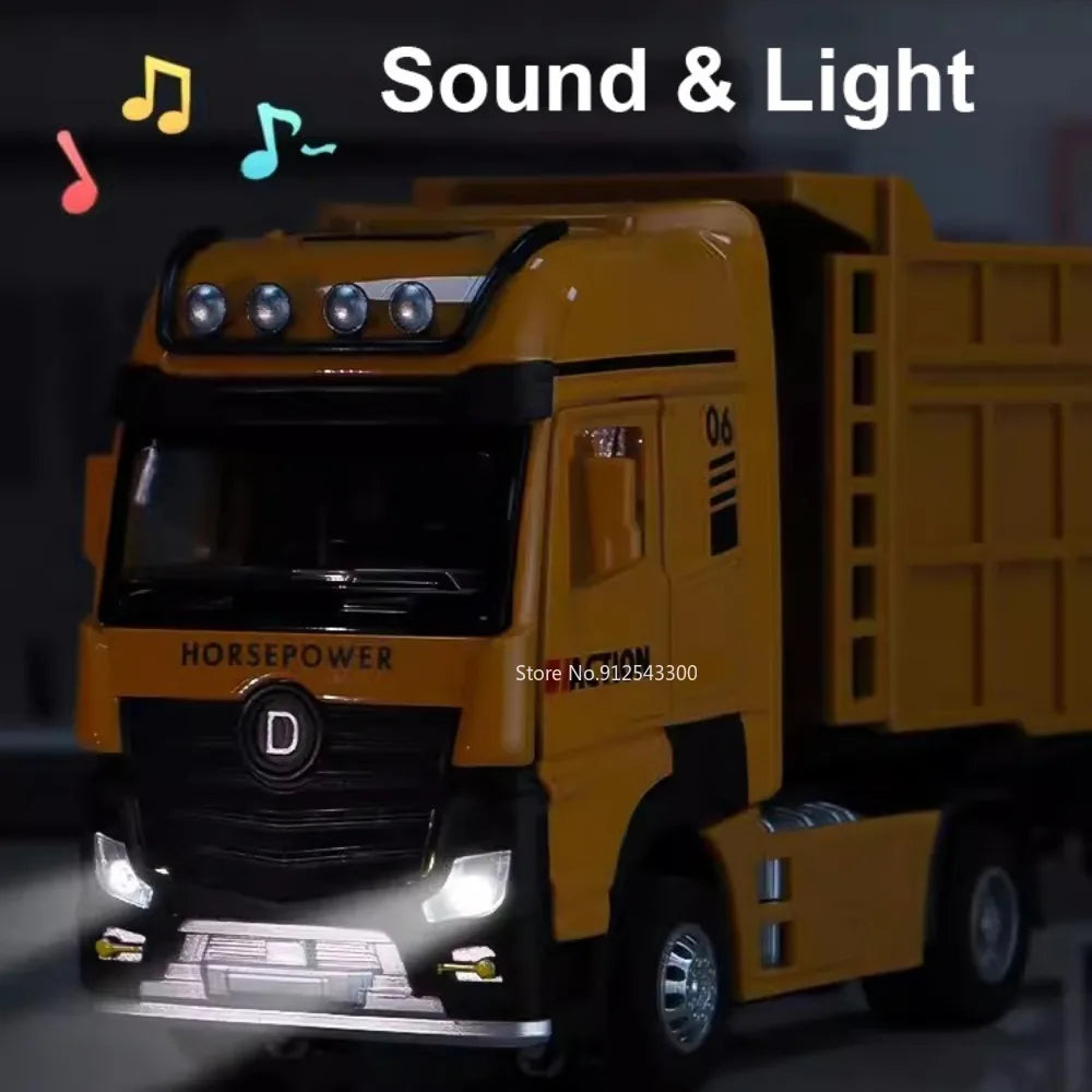 1/50 Extended Dump Truck Model Toy Metal Diecasting Doors Opened Sound Light Pull Back Vehicle Models Ornaments 's Gifts