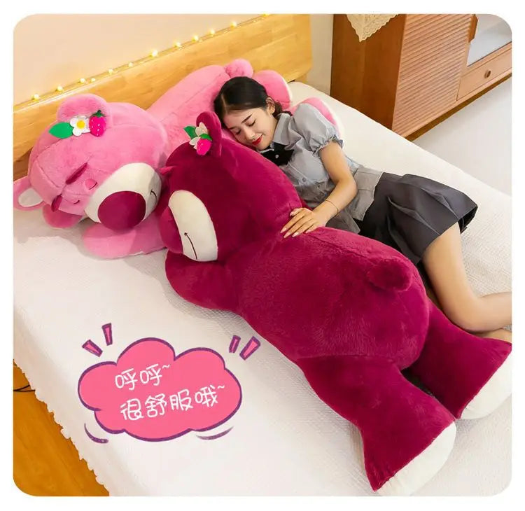 Kawaii Strawberry Bear Plush Stuffed Animal Lying Down Pillow