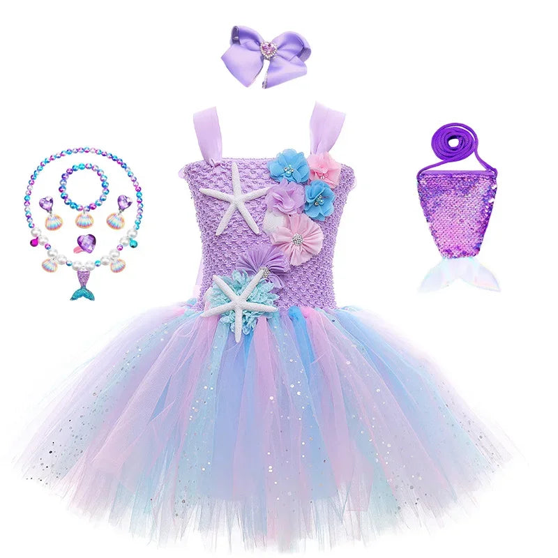 Pastel Mermaid Princess Tutu Dress with Flower Headband Party Costume