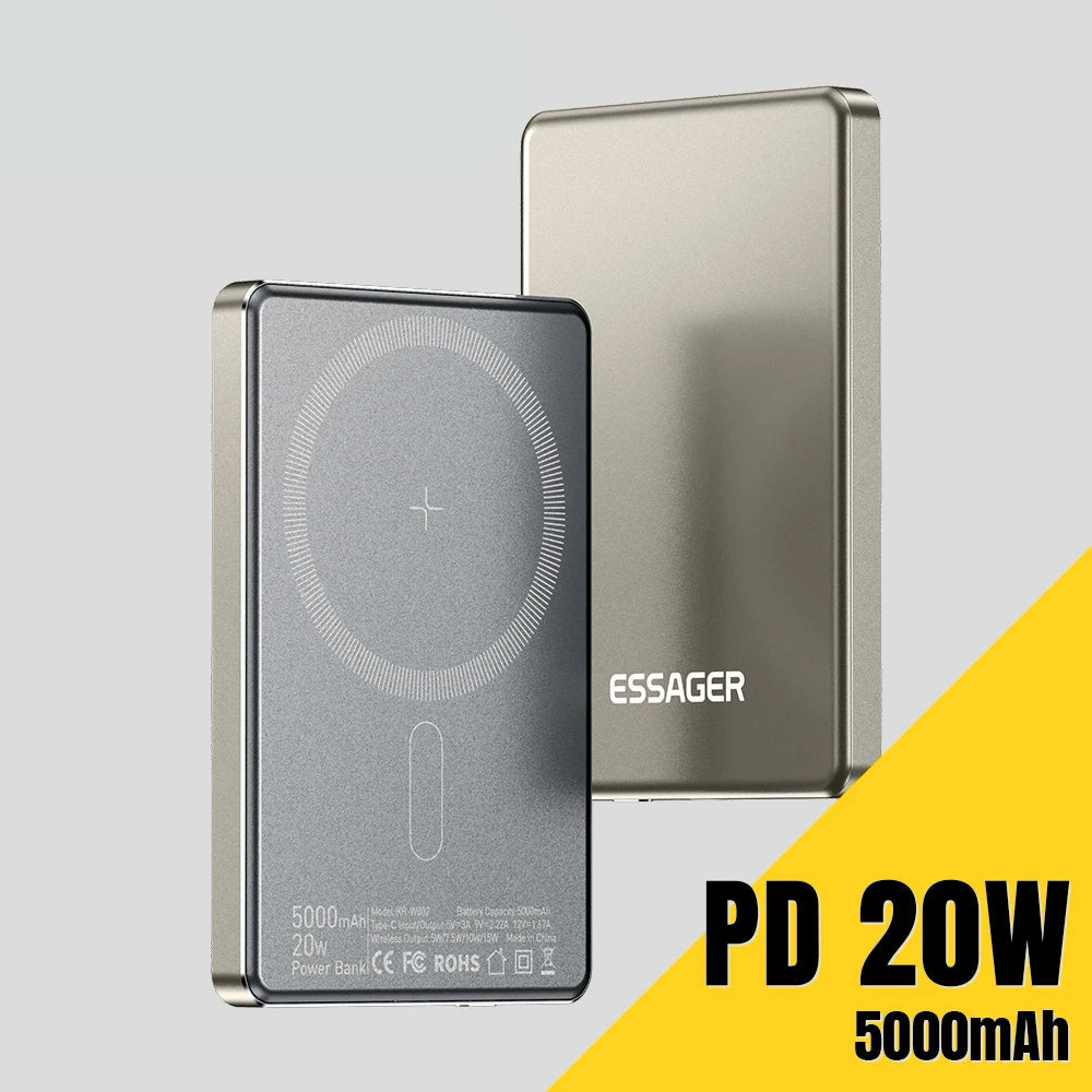5000mAh Magnetic Power Bank 20W PD Wireless Fast Charging Slim Portable Charger for iPhone MagSafe